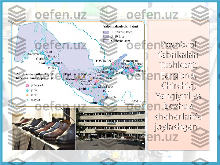 Poyabzal 
fabrikalari 
Toshkent, 
Farg‘ona, 
Chirchiq, 
Yangiyo‘l va 
boshqa 
shaharlarda 
joylashgan.    