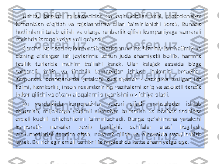 Ushbu  jarayon  mutaxassislar  va  oqituvchilar  kabi  profesionallar 
tomonidan  o'qitish  va  rejalashtirish  bilan  ta'minlanishi  kerak.  Bunaqa 
hodimlarni  talab  qilish  va  ularga  rahbarlik  qilish  kompaniyaga  samarali 
ravishda taraqqiyotga yo'l qo'yadi.
Barcha  bu  asoslar,  korporativ  boshqaruvning  bizning  jamiyatimiz  va 
bizning  o'sishgan  ish  joylarimiz  uchun  juda  ahamiyatli  bo'lib,  hamma 
faollik  turlarida  muhim  bo'lishi  kerak.  Ular  kelajak  asosida  bizga 
samarali,  to'liq  va  tinchlik  tomonidan  ishlash  imkonini  beradilar. 
Korporativ  boshqaruvda  yetakchi  xususiyatlar  -  osongina  tuzilgan  ish 
tizimi,  hamkorlik,  inson  resurslarining  vazifalarni  aniq  va  adolatli  tarzda 
bekor qilishi va o'zaro aloqalarni o'rganishni o'z ichiga oladi.
Bu  yordamida  korporativlar  yuqori  sifatli  mahsulotlar  ishlab 
chiqarish,  mijozlarga  yoqimli  xizmatlar  ko'rsatish  va  boshqa  tadbirlar 
orqali  kuchli  ishlatishlarini  ta'minlashadi.  Bunga  qo'shimcha  yetakchi 
korporativ  narsalar  yozib  berilishi,  sahifalar  arasi  bog'lash 
ma'lumotlarini  taqdim  etish,  nazorat  qilish  va  nihoyatda  yangilashish 
kerak. Bu richaginamali tartibni ta'minlashda katta ahamiyatga ega.  