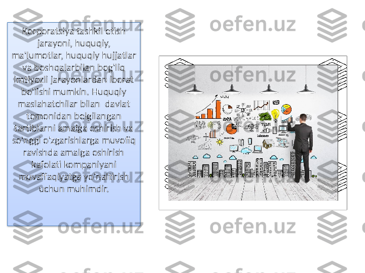 Korporatsiya tashkil etish 
jarayoni, huquqiy, 
ma'lumotlar, huquqiy hujjatlar 
va boshqalarbilan bog'liq 
imtiyozli jarayonlardan iborat 
bo'lishi mumkin. Huquqiy 
maslahatchilar bilan  davlat 
tomonidan belgilangan 
tartiblarni amalga oshirish va 
so'nggi o'zgarishlarga muvofiq 
ravishda amalga oshirish 
kafolati kompaniyani 
muvaffaqiyatga yo'naltirish 
uchun muhimdir.  