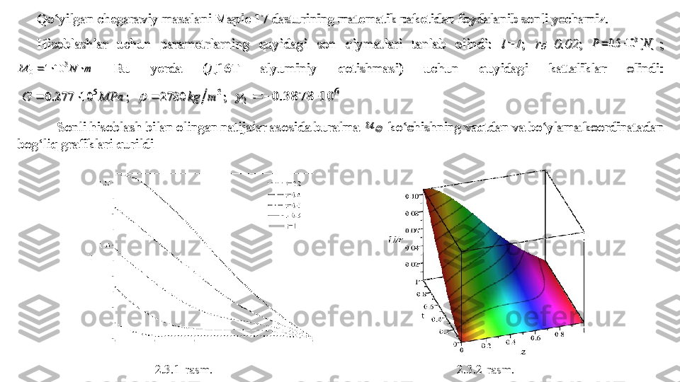 Qo‘yilgan chegaraviy masalani Maple 17 dasturining matematik paketidan foydalanib sonli yechamiz. 	 	
Hisoblashlar  uchun  parametrlarning  quyidagi  son  qiymatlari  tanlab  olindi:	 	l=1	; 	r0=0.02	; 	]	[ 	10	5.0	3	N	P			; 	
m	N	M				3	
0	10	1	 Bu  yerda  (Д16Т  alyuminiy  qotishmasi)  uchun  quyidagi  kattaliklar  olindi: 	
;	2780	   ; 	10	277.0	 	3	5	m	kg	MPa	G					 	
6	
2	10	3878.	0					 	
Sonli hisoblash bilan olingan natijalar asosida buralma 		u	 ko‘chishning vaqtdan va bo‘ylama koordinatadan 	
bog‘liq grafiklari qurildi 	 2.3.1-rasm. 2.3.2-rasm.	
Qo‘yilgan chegaraviy masalani Maple 17 dasturining matematik paketidan foydalanib sonli yechamiz. 	 	
Hisoblashlar  uchun  parametrlarning  quyidagi  son  qiymatlari  tanlab  olindi:	 	l=1	; 	r0=0.02	; 	]	[ 	10	5.0	3	N	P			; 	
m	N	M				3	
0	10	1	 Bu  yerda  (Д16Т  alyuminiy  qotishmasi)  uchun  quyidagi  kattaliklar  olindi: 	
;	2780	   ; 	10	277.0	 	3	5	m	kg	MPa	G					 	
6	
2	10	3878.	0					 	
Sonli hisoblash bilan olingan natijalar asosida buralma 		u	 ko‘chishning vaqtdan va bo‘ylama koordinatadan 	
bog‘liq grafiklari qurildi 	  