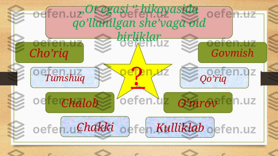 ,,Ot egasi ‘’ hikoyasida 
qo’llanilgan she’vaga oid 
birliklar
Cho’riq  
Tumshuq
Chalob
Chakki Govmish
Qo’riq 
O’mrov  
Kulliklab? 