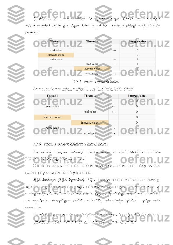 Quyida   ikkita   oqim   tomonidan   o z   qiymatini   birga   oshirish   uchun   bajarganʻ
tezkor   murojati   keltirilgan.   Agar   tizim   to g’ri   ishlaganda   quyidagi   natija   olinishi	
ʻ
shart edi. 
3.7.8– rasm. Tiqilinch holati.  
Ammo, tezkor murojaat natijasida quyidagi holat kelib chiqdi: 
3.7.9– rasm. Tiqilinch holatdan chiqish holati.  
Bu   tahdid   mavjud   dasturiy   mahsulotlarda   time-of-check-to-time-of-use
(TOCTTOU) zaifligi mavjud bo ladi. 	
ʻ
Odatda bu tahdidlarni oldini olishda dasturlash tillarida global o zgaruvchini	
ʻ
qulflab qo yish usullaridan foydalaniladi. 	
ʻ
SQL   ineksiya   (SQL   injection).   SQL   ineksiya   tahdidi   ma‘lumotlar   bazasiga
tegishli   bo lgan   tahdid   bo lib,   SQL   so rovlarga   taqiqlangan   belgilarni   kiritish   va
ʻ ʻ ʻ
buning natijasida ma‘lumotlar bazasida boshqa natija olishga qaratilgan. Bu tahdid
turi   eng   ko p   uchraydigan   tahdid   turi   bo lib,   uning   hajmi   yildan   –   yilga   ortib
ʻ ʻ
bormoqda. 
Bu tahdid asosan taqiqlangan belgilarni tekshirmaslik natijasida kelib chiqadi. 
Quyida ushbu zaiflikni o z ichiga olgan SQL so rovi keltirilgan: 	
ʻ ʻ 