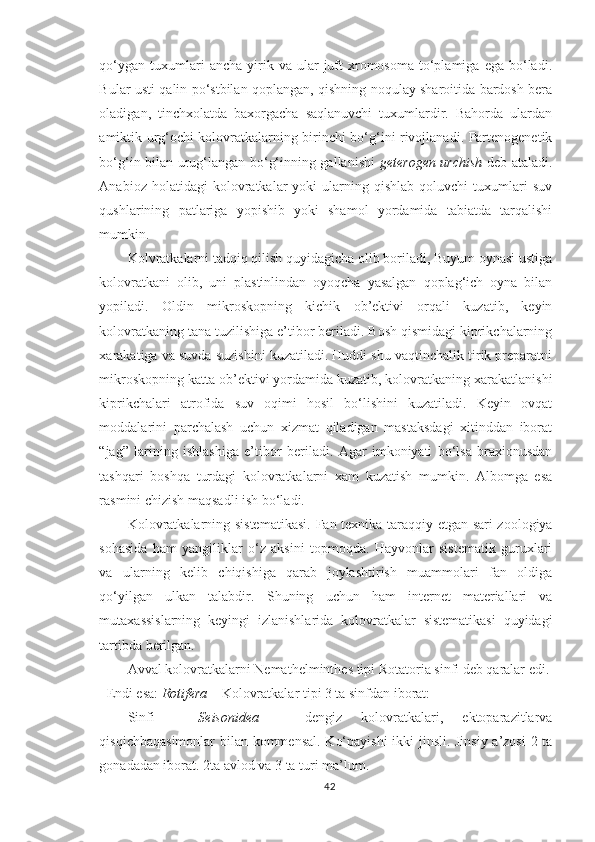 qo‘ygan   tuxumlari   ancha  yirik  va  ular   juft  xromosoma  to‘plamiga  ega  bo‘ladi.
Bular usti qalin po‘stbilan qoplangan, qishning noqulay sharoitida bardosh bera
oladigan,   tinchxolatda   baxorgacha   saqlanuvchi   tuxumlardir.   Bahorda   ulardan
amiktik urg‘ochi kolovratkalarning birinchi bo‘g‘ini rivojlanadi. Partenogenetik
bo‘g‘in bilan urug‘langan bo‘g‘inning gallanishi   geterogen urchish   deb ataladi.
Anabioz   holatidagi   kolovratkalar   yoki   ularning   qishlab   qoluvchi   tuxumlari   suv
qushlarining   patlariga   yopishib   yoki   shamol   yordamida   tabiatda   tarqalishi
mumkin.
Kolvratkalarni tadqiq qilish quyidagicha olib boriladi, Buyum oynasi ustiga
kolovratkani   olib,   uni   plastinlindan   oyoqcha   yasalgan   qoplag‘ich   oyna   bilan
yopiladi.   Oldin   mikroskopning   kichik   ob’ektivi   orqali   kuzatib,   keyin
kolovratkaning tana tuzilishiga e’tibor beriladi. Bosh qismidagi kiprikchalarning
xarakatiga va suvda suzishini kuzatiladi. Huddi shu vaqtinchalik tirik preparatni
mikroskopning katta ob’ektivi yordamida kuzatib, kolovratkaning xarakatlanishi
kiprikchalari   atrofida   suv   oqimi   hosil   bo‘lishini   kuzatiladi.   Keyin   ovqat
moddalarini   parchalash   uchun   xizmat   qiladigan   mastaksdagi   xitinddan   iborat
“jag”   larining   ishlashiga   e’tibor   beri ladi .   Agar   imkoniyati   bo‘lsa   braxionusdan
tashqari   boshqa   turdagi   kolovratkalarni   xam   kuzatish   mumkin.   Albomga   esa
rasmini chizish maqsadli ish bo‘ladi.
Kolovratkalarning sistematikasi.   Fan texnika taraqqiy etgan sari zoologiya
sohasida   ham   yangiliklar   o‘z   aksini   topmoqda.   Hayvonlar   sistematik   guruxlari
va   ularning   kelib   chiqishiga   qarab   joylashtirish   muammolari   fan   oldiga
qo‘yilgan   ulkan   talabdir.   Shuning   uchun   ham   internet   materiallari   va
mutaxassislarning   keyingi   izlanishlarida   kolovratkalar   sistematikasi   quyidagi
tartibda berilgan.
Avval kolovratkalarni Nemathelminthes tipi Rotatoria sinfi deb qaralar edi.
Endi esa:  Rotifera  – Kolovratkalar tipi 3 ta sinfdan iborat:
Sinfi   -   Seisonidea   –   dengiz   kolovratkalari,   ektoparazitlarva
qisqichbaqasimonlar  bilan kommensal. Ko‘payishi  ikki jinsli. Jinsiy a’zosi  2 ta
gonadadan iborat. 2ta avlod va 3 ta turi ma’lum.
42 