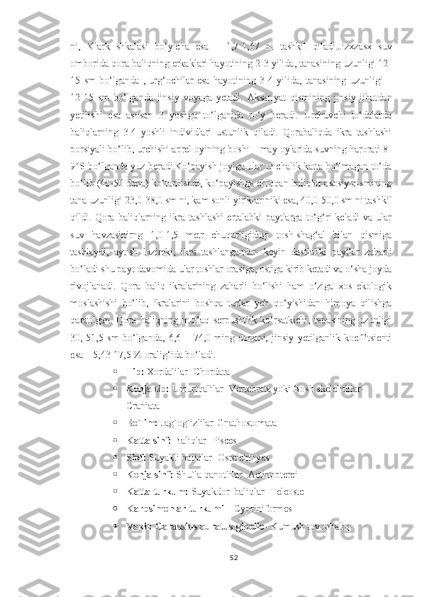 ni,   Klark   shkalasi   bo‘yicha   esa   –   1,7-1,67   ni   tashkil   qiladi . Jizxzasx   suv
omborida qora baliqning erkaklari hayotining 2-3 yilida, tanasining uzunligi 12-
15   sm   bo‘lganda   ,   urg‘ochilar   esa   hayotining   3-4   yilida,   tanasining   uzunligi   –
12-15   sm   bo‘lganda   jinsiy   voyaga   yetadi.   A ksariyat   qismining   jinsiy   jihatdan
y etilishi   esa   asosan   3   yoshga   to‘lganida   ro‘y   beradi.   Urchuvchi   to‘dalarda
baliqlarning   3-4   yoshli   individlari   ustunlik   qiladi.   Qorabaliqda   ikra   tashlashi
porsiyali bo‘lib, urchishi aprel oyining boshi – may oylarida suvning harorati 8-
9°S bo‘lganda yuz beradi.Ko‘payish joyiga ular unchalik katta bo‘lmagan to‘da
bo‘lib (40-50 dona) ko‘tarilishdi, ko‘payishga chiqqan baliqlar asosiy qismining
tana uzunligi 23,0-38,0 sm ni, kam sonli yiriklariniki esa, 40,0-50,0 sm ni tashkil
qildi.   Qora   baliqlarning   ikra   tashlashi   ertalabki   paytlarga   to‘g‘ri   keladi   va   ular
suv   havzasinirng   1,0-1,5   metr   chuqurligidagi   tosh-shag‘al   bilan   qismiga
tashlaydi,   aytish   lozimki,   ikra   tashlangandan   keyin   dastlabki   paytlar   zaharli
bo‘ladi shu payt davomida ular toshlar orasiga, ostiga kirib ketadi va o‘sha joyda
rivojlanadi.   Qora   baliq   ikralarining   zaharli   bo‘lishi   ham   o‘ziga   xos   ekologik
moslashishi   bo‘lib,   ikralarini   boshqa   turlar   yeb   qo‘yishidan   himoya   qilishga
qaratilgan.   Qora   baliqning   mutlaq   serpushtlik   ko‘rsatkichi,   tanasining   uzunligi
30,-51,5   sm   bo‘lganda,   6,6   –   74,0   ming   donani,   jinsiy   yetilganlik   koeffitsienti
esa – 5,43-17,5 % oralig‘ida bo‘ladi.
 Tip:  Xordalilar- Chordata
 Kenja tip:  Umurtqalilar- Vertebrata yoki   Bosh skelelitlilar- 
Craniata 
 Bo`lim:  Jag`og`izlilar-Gnathostomata
 Katta sinf:  Baliqlar- Pisces
 Sinf:  Suyakli baliqlar- Osteichthyes
 Kenja sinf:  Shu`la qanotlilar- Actinopterei
 Katta turkum:  Suyakdor  baliqlar- Teleoste
 Karpsimonlar turkumi –  Cypriniformes 
 Vakil:   Carassius auratus  gibelio -  Kumush tovonbaliq
52 