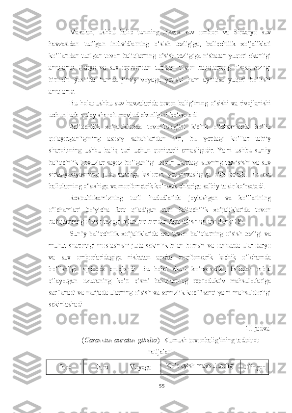 Masalan,   ushbu   baliq   turining   Jizzax   suv   ombori   va   Sirdaryo   suv
havzasidan   tutilgan   individlarning   o‘sish   tezligiga,   baliqchilik   xo‘jaliklari
ko‘llaridan  tutilgan  tovon baliqlarning o‘sish  tezligiga  nisbatan  yuqori  ekanligi
aniqlandi.   Daryo   va   suv   omboridan   tutilgan   tovon   baliqlarning   o‘sish   tezligi
birinchi   yoshida   hamda   jinsiy   voyaga   yetishi   ham   ayniqsa   yuqori   bo‘lishi
aniqlandi. 
Bu holat ushbu suv havzalarida tovon balig‘ining o‘sishi  va rivojlanishi
uchun juda qulay sharoit mavjud ekanligini ko‘rsatadi.
Baliqchilik   xo‘jaliklarida   tovonbalig‘ini   kichik   o‘lchamlarda   bo‘lib
qolayotganligining   asosiy   sabablaridan   biri,   bu   yerdagi   ko‘llar   tabiiy
sharoitining   ushbu   baliq   turi   uchun   qoniqarli   emasligidir.   Ya'ni   ushbu   sun'iy
baliqchilik hovuzlar sayoz bo‘lganligi uchun ulardagi suvning tez isishi  va suv
sirkulyasiyasining   juda   pastligi   kislorod   yetishmasligiga   olib   keladi.   Bu   esa
baliqlarning o‘sishiga va morfometrik ko‘rsatkichlariga salbiy ta'sir ko‘rsatadi. 
Respublikamizning   turli   hududlarida   joylashgan   va   ko‘llarining
o‘lchamlari   bo‘yicha   farq   qiladigan   turli   baliqchilik   xo‘jaliklarida   tovon
baliqlarining o‘sish tezligi bilan bir-biridan farq qilishligi aniqlandi [8].
Sun'iy   baliqchilik   xo‘jaliklarida   esa   tovon   baliqlarning   o‘sish   tezligi   va
muhut sharoitigi moslashishi  juda sekinlik bilan borishi  va oqibatda ular  daryo
va   suv   omborlaridagiga   nisbatan   ancha   morfometrik   kichik   o‘lchamda
bo‘lishligi   tajribada   aniqlandi.   Bu   holat   shuni   ko‘rsatadiki,   baliqlar   qabul
qilayotgan   ozuqaning   ko‘p   qismi   baliqlarning   reproduktiv   mahsulotlariga
sarflanadi va natijada ularning o‘sish va semizlik koeffisenti ya'ni mahsuldorligi
sekinlashadi
10-jadval
( Carassius auratus  gibelio )-  Kumush tovonbalig‘ining tadqiqot
natijalari
Tana Tana Voyaga Ko‘payish maxsuldorligi
Olingan
55 