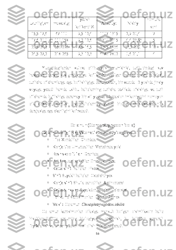 uzunligi,sm massasi,g yetish
koifsenti % nomuna
soniAbsaluyt Nisbiy
15,5-17,6 67-110 9,5-12,4 1107-1315 2,9-20,4 7
17,6-20,0 110-158 9,2-12,6 1310-2115 4,4-23,0 5
20,5-24,2 160-216 7,5-16,5 2345-6436 13,2-22,0 13
24,5-27,2 218-265 9,3-12,3 4180-7802 0,6-21,1 4
Yuqoridagilardan   xulosa   qilib   aytish   mumkinki,   turli   tipdagi   suv
havzalari:   daryo,   suv   ombori   va   ko‘llaridan   tutilgan   barcha   tovon   baliqlari,
turlicha o‘lchamlarga ega bo‘lishligiga qaramasdan, bir vaqtda- 2 yoshda jinsiy
voyaga   yetadi   hamda   ushbu   baliqlarning   turlicha   tezlikda   o‘sishiga   va   turli
o‘lchamda bo‘lishiga qaramay bir xil yoshda adaptasion imkoniyatini nomoyon
qila   olishligi,   kumush   tovonbaliqlarning   yuqori   biologik   moslashuvchanlik
darajasiga ega ekanligini ko‘rsatadi.
Oq amur (Ctenopharyngodon idella)
Oq amur balig`ining sistematik holati quyidagicha:
 Tip:  Xordalilar- Chordata
 Kenja tip:  Umurtqalilar- Vertebrata yoki
 Bosh skelelitlilar - Craniata 
 Bo`lim:  Jag`og`izlilar-Gnathostomata
 Katta sinf:  Baliqlar- Pisces
 Sinf:  Suyakli baliqlar- Osteichthyes
 Kenja sinf:  Shu`la qanotlilar- Actinopterei
 Katta turkum:  Suyakdor baliqlar- Teleostei
 Turkum:  Karpsimonlar- Cypriniformes
 Vakil:  Oq amur-  Ctenopharyngodon idella
Oq   amur   karpsimonlar   oilasiga   mansub   bo`lgan   o`simlikxo`r   baliq
hisoblanadi.   Oq   amurning   biologiyasini   o`rganish,   bu   baliqdan   samarali
foydalanish va undan yuqori hosil olish imkonini beradi.
56 