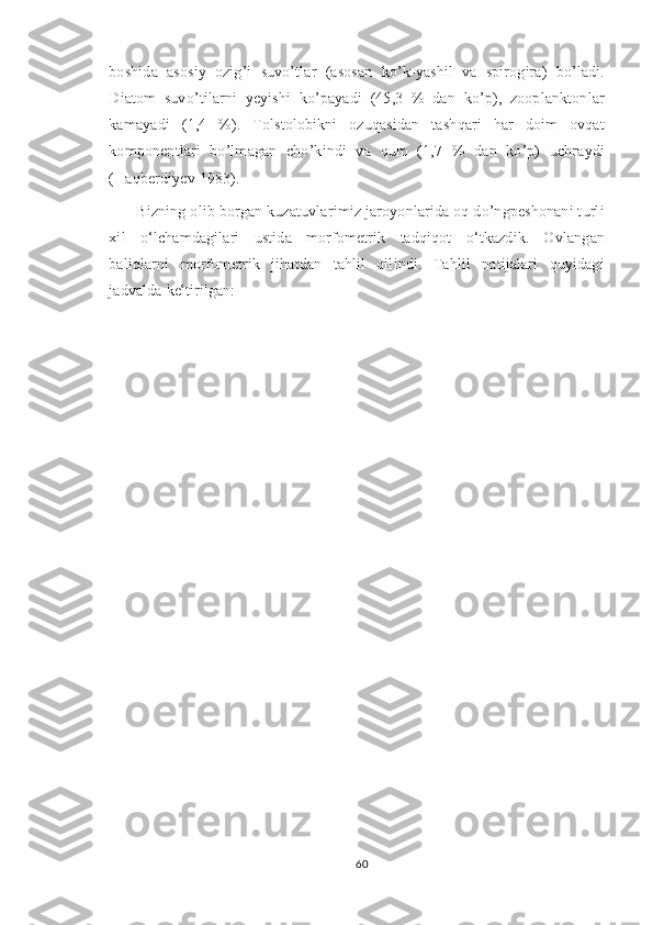 boshida   asosiy   ozig’i   suvo’tlar   (asosan   ko’k-yashil   va   spirogira)   bo’ladi.
Diatom   suvo’tilarni   yeyishi   ko’payadi   (45,3   %   dan   ko’p),   zooplanktonlar
kamayadi   (1,4   %).   Tolstolobikni   ozuqasidan   tashqari   har   doim   ovqat
komponentlari   bo’lmagan   cho’kindi   va   qum   (1,7   %   dan   ko’p)   uchraydi
(Haqberdiyev 1983).
Bizning olib borgan kuzatuvlarimiz jaroyonlarida oq do’ngpeshonani turli
xil   o‘lchamdagilari   ustida   morfometrik   tadqiqot   o‘tkazdik.   Ovlangan
baliqlarni   morfometrik   jihatdan   tahlil   qilindi.   Tahlil   natijalari   quyidagi
jadvalda keltirilgan:
60 