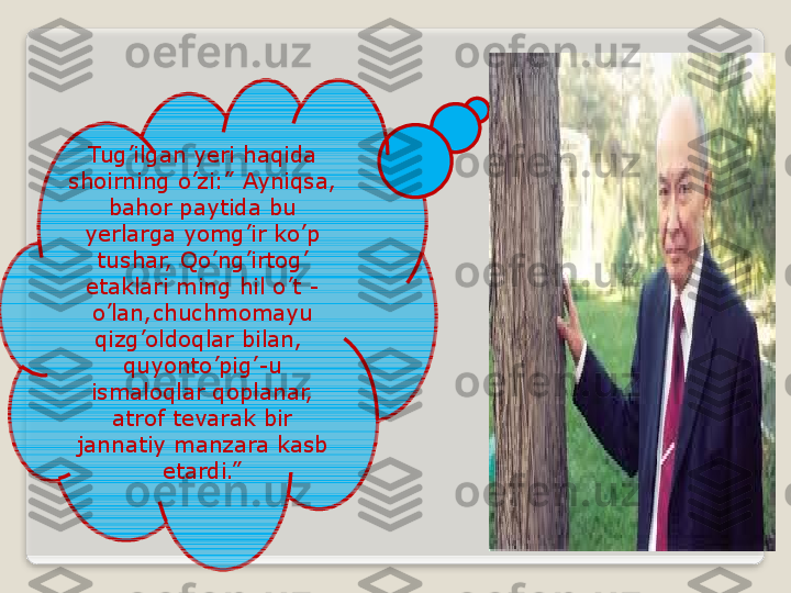 Tug’ilgan yeri haqida 
shoirning o’zi:” Ayniqsa, 
bahor paytida bu 
yerlarga yomg’ir ko’p 
tushar, Qo’ng’irtog’ 
etaklari ming hil o’t -
o’lan,chuchmomayu 
qizg’oldoqlar bilan,  
quyonto’pig’-u 
ismaloqlar qoplanar, 
atrof tevarak bir 
jannatiy manzara kasb 
etardi.”  