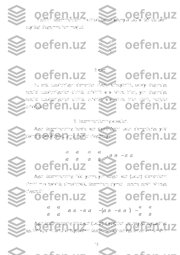 3-tartibli   determinantlarni   hisoblash   uchun   «Sarryus   usuli»   deb   ataluvchi
quyidagi diagramma ham mavjud:
 
2-rasm.
 
bu   erda   tutashtirilgan   elementlar   o‘zaro   ko‘paytirilib,   asosiy   diagonalga
parallel   tutashtirilganlari   alohida   qo‘shilib   «+»   ishora   bilan,   yon   diagonalga
parallel   tutashtirilganlari   alohida   qo‘shilib   «-»   ishora   bilan   olinib,   natijalar
qo‘shiladi.
2. Determinantlarning  х ossalari.
Agar   determinantning   barcha   satr   elementlarini   ustun   elementlariga   yoki
aksincha almashtirilsa, uning qiymati o‘zgarmaydi: 
 
.
 
Agar   determinantning   ikki   yonma-yon   turgan   satr   (ustun)   elementlarini
o‘rnini   mos   ravishda   almashtirsak,   determinant   qiymati     qarama-qarshi   ishoraga
o‘zgaradi:
 
Agar determinantning biror satri (ustun) elementlari umumiy ko‘paytuvchiga
ega bo‘lsa, u holda bu ko‘paytuvchini determinant tashqarisiga chiqarish mumkin:
12 