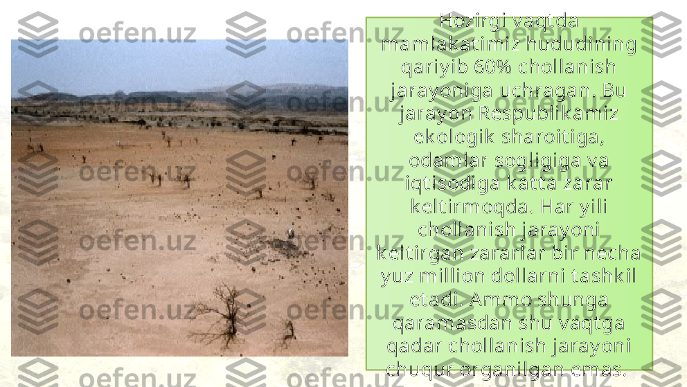 Hozirgi v aqt da 
mamlak at imiz hududining 
qariy ib 60%  chollanish 
jaray oniga uchragan. Bu 
jaray on Respublik amiz 
ek ologik  sharoit iga, 
odamlar sogligiga v a 
iqt isodiga k at t a zarar 
k elt irmoqda. Har y ili 
chollanish jaray oni 
k elt irgan zararlar bir necha 
y uz million dollarni t ashk il 
et adi. Ammo shunga 
qaramasdan shu v aqt ga 
qadar chollanish jaray oni 
chuqur organilgan emas.  