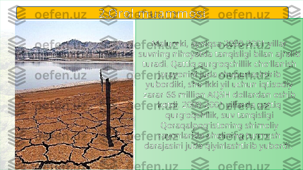 Malumki, ayniqsa 2000-2001 yillar 
suvning nihoyatda tanqisligi bilan ajralib 
turadi. Qattiq qurg'oqchillik cho'llanish 
jarayonini juda chuqurlashtirib 
yubordiki, shu ikki yil uchun iqtisodiy 
zarar 66 million AQSH dollardan oshib 
ketdi. 2000-2001 yillarda qattiq 
qurg'oqchilik, suv tanqisligi 
Qoraqalpog'istoning shimoliy 
rayonlarida aholining turmush 
darajasini juda qiyinlashtirib yubordi. 2.Orol muammosi 