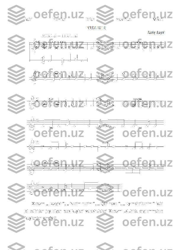 kabi   nomlar   bilan   mashhur.   Misol:
Xorazm ,, Lazgisi “, ,, Norim-norim “, ,, Qari navo “, ,, Ey mehribonim “ kabi
el   qalbidan   joy   olgan   raqs   kuylari   va   ashulalari   Xorazm   uslubida   eng   ommabop
kuylardan sanaladi.  
