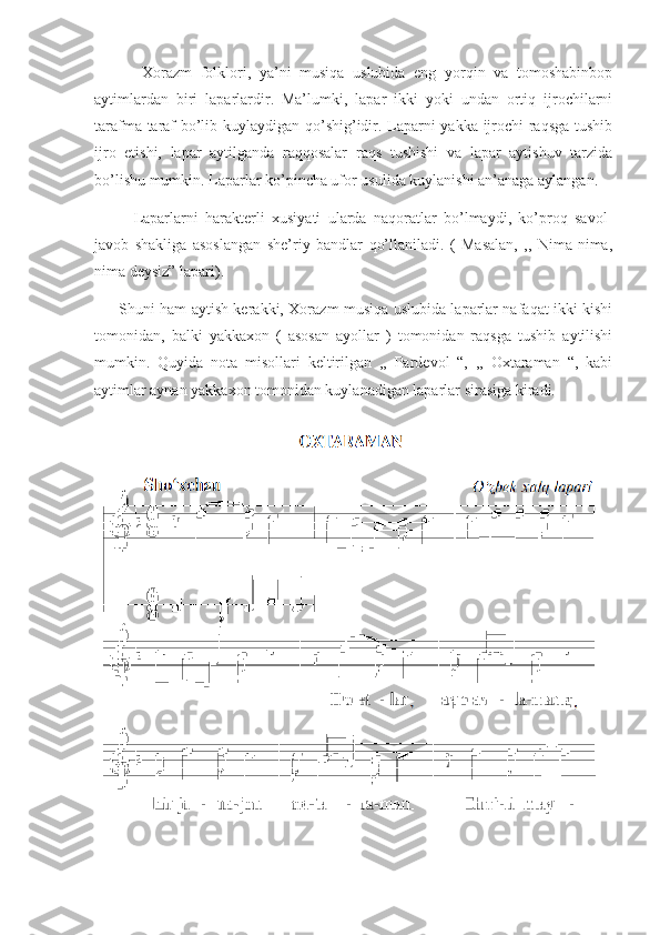        Xorazm   folklori,   ya’ni   musiqa   uslubida   eng   yorqin   va   tomoshabinbop
aytimlardan   biri   laparlardir.   Ma’lumki,   lapar   ikki   yoki   undan   ortiq   ijrochilarni
tarafma-taraf bo’lib kuylaydigan qo’shig’idir. Laparni yakka ijrochi raqsga tushib
ijro   etishi,   lapar   aytilganda   raqqosalar   raqs   tushishi   va   lapar   aytishuv   tarzida
bo’lishu mumkin. Laparlar ko’pincha ufor usulida kuylanishi an’anaga aylangan. 
Laparlarni   harakterli   xusiyati   ularda   naqoratlar   bo’lmaydi,   ko’proq   savol-
javob   shakliga   asoslangan   she’riy   bandlar   qo’llaniladi.   (   Masalan,   ,,   Nima-nima,
nima deysiz” lapari).
          Shuni ham aytish kerakki, Xorazm musiqa uslubida laparlar nafaqat ikki kishi
tomonidan,   balki   yakkaxon   (   asosan   ayollar   )   tomonidan   raqsga   tushib   aytilishi
mumkin.   Quyida   nota   misollari   keltirilgan   ,,   Pardevol   “,   ,,   Oxtaraman   “,   kabi
aytimlar aynan yakkaxon tomonidan kuylanadigan laparlar sirasiga kiradi.  