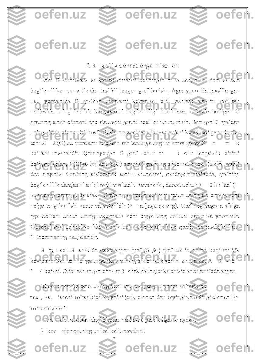 292.3. Ikkilik daraxtlarga misollar.
Endi   G   sirtmoqsiz   va   karrali   qirralari   bo‘lmagan   m   ta   uch,   n   ta   qirra   va   &ta
bog‘lamli   komponentlardan   tashkil   topgan   graf   bo‘lsin.   Agar   yuqorida   tavsiflangan
usul   yordamida   G   grafdan   qirralarni   ketma-ket   olib   tashlash   amalini   qo‘llash
natijasida   uning   har   bir   komponenti   bog'lamliligi   buzilmasa,   u   holda   berilgan   G
grafning sinch o‘rmoni deb ataluvchi grafni hosil qilish mumkin. Berilgan G grafdan
uning   sinch   o‘rmonini   hosil   qilish   maqsadida   olib   tashlanishi   kerak   bo‘lgan   qirralar
soni  Я  =  Я (G) bu qirralarni olib tashlash tartibiga bog‘liq emasligi va X = n — m + k
bo‘lishi   ravshandir.   Qaralayotgan   G   graf   uchun   m   —   k   <   n   tengsizlik   o‘rinli
bo‘lganligidan,   Я ( С )>0 bo'ladi. k{G) sonni G grafning siklomatik soni (siklik rangi)
deb   ataymiz.   Grafning   siklomatik   soni   tushunchasi,   qandaydir   ma’noda,   grafning
bog'lamlilik darajasini aniqlovchi vositadir. Ravshanki, daraxt uchun  Я  = 0 bo‘ladi (1-
teoremaga qarang). 3- shakl   Grafning o ‘rmon bo‘lishi uchun uning siklomatik soni
nolga   teng   bo‘lishi   zarur   va   yetarlidir   (2-   natijaga   qarang).   Grafning   yagona   siklga
ega   bo'lishi   uchun   uning   siklomatik   soni   birga   teng   bo'lishi   zarur   va   yetarlidir.
Qirralari soni uchlari sonidan kichik bo‘lmagan graf siklga egadir. Bu tasdiqlar ham
1- teoremaning natijalaridir. 
3-   m   i   sol.   3-   shaklda   tasvirlangan   graf   (6   ,9   )-graf   bo‘lib,   uning   bog‘lamlilik
komponentlari soni birga teng. Bu grafning siklomatik sonini aniqlasak, A = 9 — 6 +
1 = 4 boiadi. Olib tashlangan qirralar 3- shaklda ingichka chiziqlar bilan ifodalangan. 
Binar daraxt   elementining tuzilishi .  p – yangi element ko’rsatkichi
next, last – ishchi ko’rsatkichlar, ya’ni joriy elementdan keyingi va oldingi elementlar 
ko’rsatkichlari:
r=rec – element haqidagi birorta ma’lumot yoziladigan maydon.
k=key – elementning   unikal kalit maydoni . 