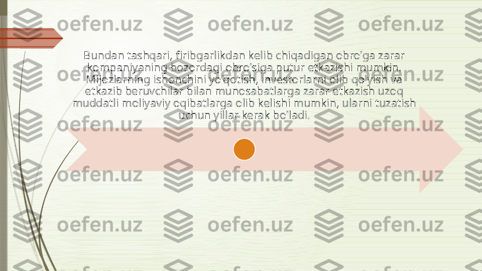 Bundan tashqari, firibgarlikdan kelib chiqadigan obro'ga zarar 
kompaniyaning bozordagi obro'siga putur etkazishi mumkin. 
Mijozlarning ishonchini yo'qotish, investorlarni olib qo'yish va 
etkazib beruvchilar bilan munosabatlarga zarar etkazish uzoq 
muddatli moliyaviy oqibatlarga olib kelishi mumkin, ularni tuzatish 
uchun yillar kerak bo'ladi.              