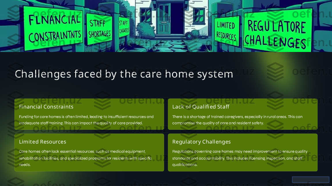 Challenges faced by  t he care home sy st em
Fi nancial Const raint s
Funding for care homes is often limited, leading to insufficient resources and 
inadequate staff training. This can impact the quality of care provided. Lack  of Qual ifi ed St aff
There is a shortage of trained caregivers, especially in rural areas. This can 
compromise the quality of care and resident safety.
Limit ed Resources
Care homes often lack essential resources, such as medical equipment, 
rehabilitation facilities, and specialized programs for residents with specific 
needs. Regulat ory  Challenges
Regulations governing care homes may need improvement to ensure quality 
standards and accountability. This includes licensing, inspection, and staff 
qualifications.  