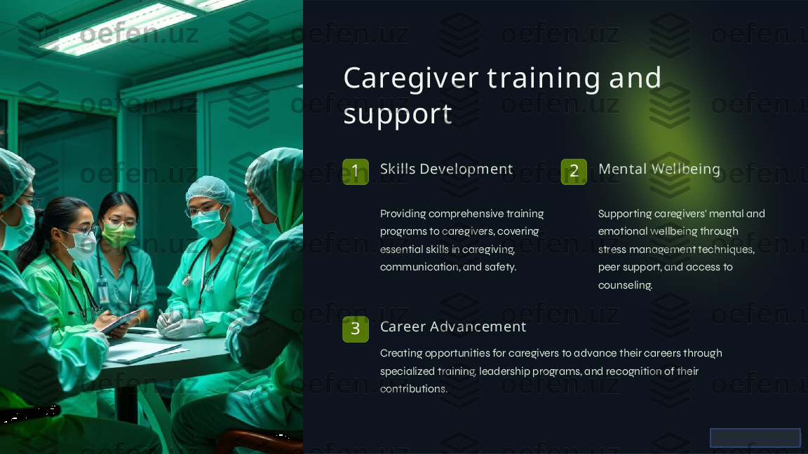 Caregiv er t raining and 
support
1 Sk il ls Dev el opment
Providing comprehensive training 
programs to caregivers, covering 
essential skills in caregiving, 
communication, and safety. 2 Ment al  Wellbeing
Supporting caregivers' mental and 
emotional wellbeing through 
stress management techniques, 
peer support, and access to 
counseling.
3 Career Adv ancement
Creating opportunities for caregivers to advance their careers through 
specialized training, leadership programs, and recognition of their 
contributions.  