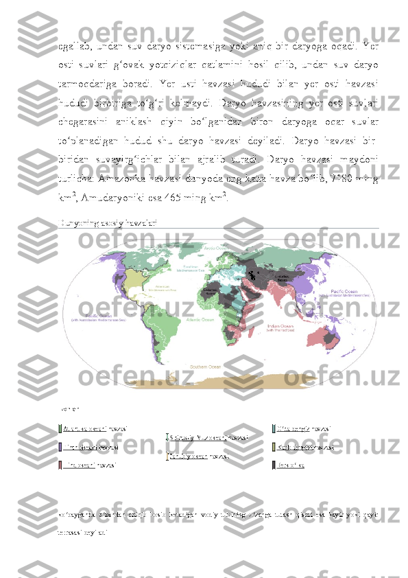 egallab,   undan  suv  daryo  sistemasiga   yoki  aniq  bir  daryoga  oqadi.   Yer
osti   suvlari   g ovak   yotqiziqlar   qatlamini   hosil   qilib,   undan   suv   daryoʻ
tarmoqdariga   boradi.   Yer   usti   havzasi   hududi   bilan   yer   osti   havzasi
hududi   birbiriga   to g ri   kelmaydi.   Daryo   havzasining   yer   osti   suvlari	
ʻ ʻ
chegarasini   aniklash   qiyin   bo lganidan   biron   daryoga   oqar   suvlar	
ʻ
to planadigan   hudud   shu   daryo   havzasi   deyiladi.   Daryo   havzasi   bir-	
ʻ
biridan   suvayirg ichlar   bilan   ajralib   turadi.   Daryo   havzasi   maydoni	
ʻ
turlicha: Amazonka havzasi dunyoda eng katta havza bo lib, 7180 ming	
ʻ
km 2
, Amudaryoniki esa 465 ming km 2
.
Dunyoning asosiy havzalari
Izohlar
    Atlantika okeani   havzasi
    Tinch okeani   havzasi
    Hind okeani   havzasi     Shimoliy Muz okeani   havzasi
    Janubiy okean   havzasi     O rta dengiz	
ʻ   havzasi
    Karib dengizi   havzasi
    Berk o lka	
ʻ
ko payganda   o zandan   chiqib   bosib   ketadigan   vodiy   tubining   o zanga   tutash   qismi   esa   kayir   yoki   qayir	
ʻ ʻ ʻ
terrasasi deyiladi   