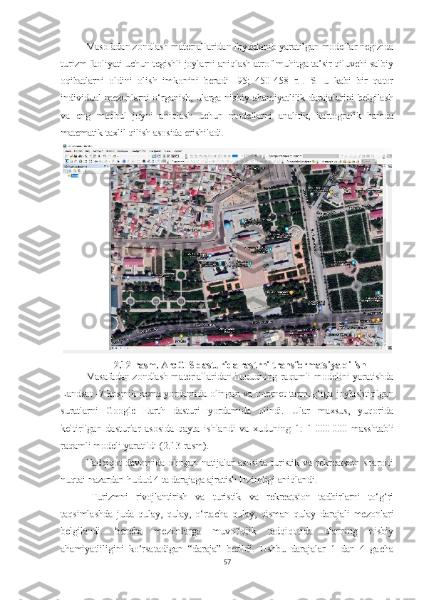 Masofadan zondlash materiallaridan foydalanib yaratilgan modellar negizida
turizm faoliyati uchun tegishli joylarni aniqlash atrof-muhitga ta’sir qiluvchi salbiy
oqibatlarni   oldini   olish   imkonini   beradi   [95;   450-458   r.].   SHu   kabi   bir   qator
individual mezonlarni o‘rganish, ularga nisbiy ahamiyatlilik darajalarini belgilash
va   eng   maqbul   joyni   aniqlash   uchun   modellarni   analitik,   kartografik   hamda
matematik taxlil qilish asosida erishiladi. 
2.12 -rasm.  ArcGIS  dasturida rastrni transformatsiya qilish
Masafadan zondlash materiallaridan hududning raqamli modelini yaratishda
Landsat -7 kosmik kema yordamida olingan va internet tarmog‘iga joylashtirilgan
suratlarni   Google   Earth   dasturi   yordamida   olindi.   Ular   maxsus,   yuqorida
keltirilgan   dasturlar   asosida   qayta   ishlandi   va   xuduning   1:   1   000   000   masshtabli
raqamli modeli yaratildi ( 2.13 -rasm).
Tadqiqot  davomida  olingan  natijalar  asosida  turistik  va  rekreatsion  sharoiti
nuqtai nazardan hudud 4 ta darajaga ajratish lozimligi aniqlandi.
Turizmni   rivojlantirish   va   turistik   va   rekreatsion   tadbirlarni   to‘g‘ri
taqsimlashda   juda   qulay,   qulay,   o‘rtacha   qulay,   qisman   qulay   darajali   mezonlari
belgilandi.   Barcha   mezonlarga   muvofiqlik   tadqiqotida   ularning   nisbiy
ahamiyatliligini   ko‘rsatadigan   “daraja”   berildi.   Ushbu   darajalar   1   dan   4   gacha
57 