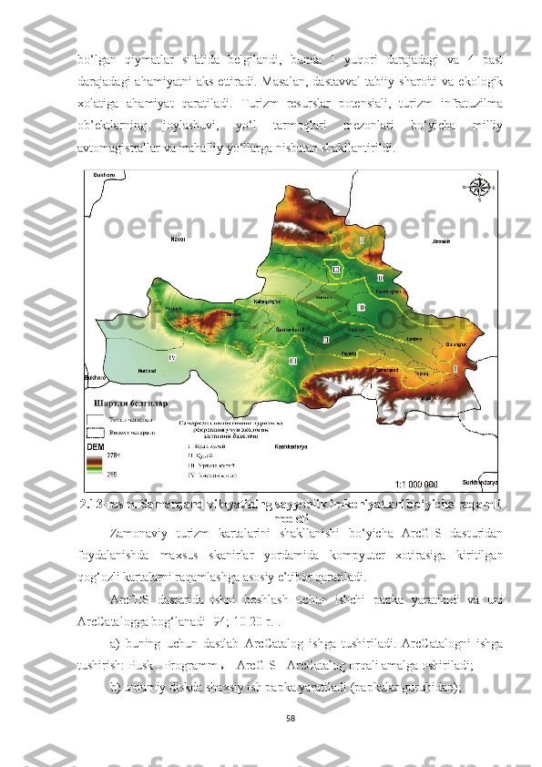 bo‘lgan   qiymatlar   sifatida   belgilandi,   bunda   1   yuqori   darajadagi   va   4   past
darajadagi   ahamiyatni   aks   ettiradi.  Masalan,   dastavval   tabiiy   sharoiti   va   ekologik
xolatiga   ahamiyat   qaratiladi.   Turizm   resurslar   potensiali,   turizm   infratuzilma
ob’ektlarning   joylashuvi,   yo‘l   tarmoqlari   mezonlari   bo‘yicha   milliy
avtomagistrallar va mahalliy yo‘llarga nisbatan shakllantirildi.
2.13 -rasm. Samarqand viloyatining sayyohlik imkoniyatlari bo‘yicha raqamli
modeli
Zamonaviy   turizm   kartalarini   shakllanishi   bo‘yicha   ArcGIS   dasturidan
foydalanishda   maxsus   skanirlar   yordamida   kompyuter   xotirasiga   kiritilgan
qog‘ozli kartalarni raqamlashga asosiy e’tibor qaratiladi.
ArcGIS   dasturida   ishni   boshlash   uchun   ishchi   papka   yaratiladi   va   uni
ArcCatalogga bog‘lanadi [94; 10-20 r.].
a)   buning   uchun   dastlab   ArcCatalog   ishga   tushiriladi.   ArcCatalogni   ishga
tushirish: Pusk - Programmы - ArcGIS - ArcCatalog orqali amalga oshiriladi;
b ) u mumiy diskda shaxsiy ish papka  yaratiladi  (papkalar guruhidan) ;
58 