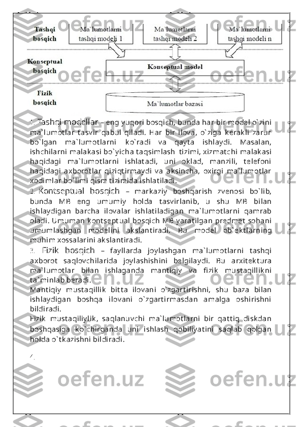 1. Tashqi modellar  –  eng y uqori  bosqich, bunda  har bir model  o` zini
ma` lumot lar   t asv ir   qabul   qiladi.   Har   bir   ilov a,   o` ziga   k erak li   zarur
bo` lgan   ma` lumot larni   k o` radi   v a   qay t a   ishlay di.   Masalan,
ishchilarni  malak asi  bo` y icha  t aqsimlash   t izimi, xizmat chi  malak asi
haqidagi   ma` lumot larni   ishlat adi,   uni   ok lad,   manzili,   t elefoni
haqidagi   axborot lar   qiziqt irmay di   v a   ak sincha,   oxirgi   ma` lumot lar
xodimlar bo` limi qism t izimida ishlat iladi.
2. Kontseptual   bosqich   –   mark aziy   boshqarish   zv enosi   bo` lib,
bunda   MB   eng   umumiy   holda   t asv irlanib,   u   shu   MB   bilan
ishlay digan   barcha   ilov alar   ishlat iladigan   ma` lumot larni   qamrab
oladi.  Umuman  k ont sept ual  bosqich  MB  y arat ilgan  predmet  sohani
umumlashgan   modelini   ak slant iradi.   Bu   model   ob` ek t larning
muhim xossalarini ak slant iradi.
3. Fizik   bosqich   –   fay llarda   joy lashgan   ma` lumot larni   t ashqi
axborot   saqlov chilarida   joy lashishini   belgilay di.   Bu   arxit ek t ura
ma` lumot lar   bilan   ishlaganda   mant iqiy   v a   fi zik   must aqillik ni
t a` minlab beradi.
Mant iqiy   must aqillik   bit t a   ilov ani   o` zgart irishni,   shu   baza   bilan
ishlay digan   boshqa   ilov ani   o` zgart irmasdan   amalga   oshirishni
bildiradi.
Fizik   must aqiliy lik ,   saqlanuv chi   ma` lumot larni   bir   qat t iq   disk dan
boshqasiga   k o` chirganda   uni   ishlash   qobiliy at ini   saqlab   qolgan
holda o` t k azishni bildiradi.
4. 