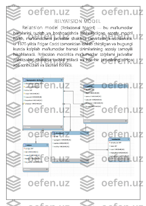 RELYATSION MODEL
Relat sion   model   (Relational   Model)   —   bu   ma'lumotlar
bazalarini   tuzish   va   boshqarishda   ishlatiladigan   asosiy   model
bo'lib,   ma'lumotlarni   jadvallar   shaklida   tasvirlashga   asoslanadi.
U 1970-yilda Edgar Codd tomonidan ishlab chiqilgan va bugungi
kunda   ko'plab   ma'lumotlar   bazasi   tizimlarining   asosiy   tamoyili
hisoblanadi.   Relatsion   modelda   ma'lumotlar   to'plami   jadvallar
(tablitsalar)   shaklida   tashkil   etiladi   va   har   bir   jadvalning   o'ziga
xos atributlari va satrlari bo'ladi. 