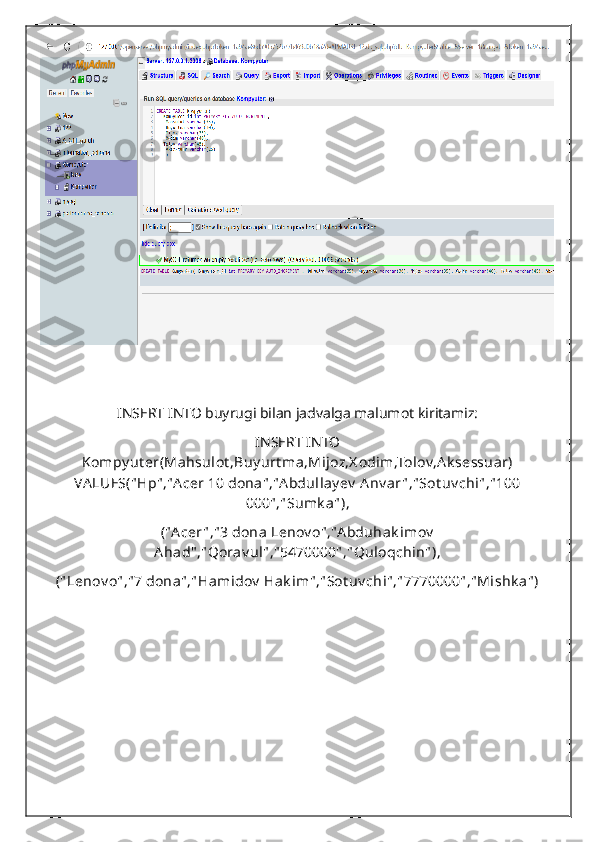 INSERT INTO buyrugi bilan jadvalga malumot kiritamiz:
INSERT INTO
Kompy ut er(Mahsulot ,Buy urt ma,Mijoz,X odim,Tolov,A k sessuar)
VALUES(" Hp" ,"A cer 10 dona" ,"A bdullay ev  A nv ar " ," Sot uv chi" ," 100
000" ," Sumk a" ), 
("A cer " ," 3 dona Lenov o" ,"A bduhak imov
Ahad" ," Qorav ul" ," 5470000" ," Quloqchin" ), 
(" Lenov o" ," 7 dona" ," Hamidov  Hak im" ," Sot uv chi" ," 7770000" ," Mishk a" ) 