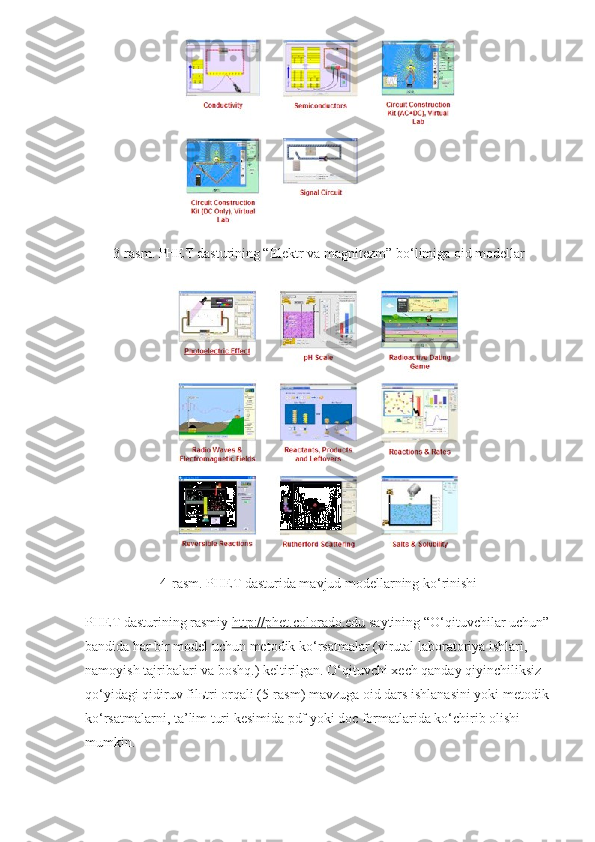 3-rasm. PHET dasturining “Elektr va magnitezm” bo‘limiga oid modellar
4-rasm. PHET dasturida mavjud modellarning ko‘rinishi
PHET dasturining rasmiy   http://phet.colorado.edu   saytining “O‘qituvchilar uchun”
bandida har bir model uchun metodik ko‘rsatmalar (virutal laboratoriya ishlari, 
namoyish tajribalari va boshq.) keltirilgan. O‘qituvchi xech qanday qiyinchiliksiz 
qo‘yidagi qidiruv fil ь tri orqali (5-rasm) mavzuga oid dars ishlanasini yoki metodik 
ko‘rsatmalarni, ta’lim turi kesimida pdf yoki doc formatlarida ko‘chirib olishi 
mumkin. 