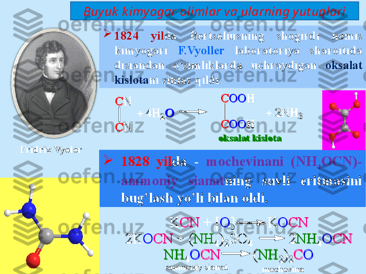 
1828  yil da  -  mochevinani  (NH
4 OCN) -
ammoniy  sianat ning  suvli  eritmasini 
bug’lash yo’li bilan oldi.C N
C N +   4 H
2 O C O O H
C O O H +   2 N H
3
o k s a l a t   k i s l o t aK	C	N	 +	 [O	]         K	O	C	N	
2	K	O	C	N	 +	 (N	H	4	)2	S	O	4          2	N	H	4	O	C	N	
N	H	4	O	C	N	         (N	H	2	)2	C	O
Fridrix Vyoler  
1824  yil dа  Bertseliusning  shоgirdi  nеmis 
kimyogаri  F.Vyollеr   lаbоrаtоriya  shаrоitidа 
disiаndаn  o’simliklarda  uchrаydigаn  оksаlаt 
kislоtа ni sintez qildi.Buy uk  k imy ogar olimlar va ularning y ut uqlari
ammoniy sianat
mochevina	
C	N	
C	N	
+	 4	H	2O	
C	O	O	H	
C	O	O	H	
+	 2	N	H	3	
o	k	sa	la	t k	islo	ta	
K	C	N	 +	 [O	]         K	O	C	N	
2	K	O	C	N	 +	 (N	H	4	)2	S	O	4	          2	N	H	4O	C	N	
N	H	4	O	C	N	         (N	H	2	)2	C	O 