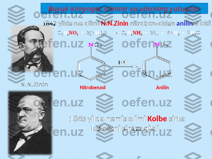 1842 yildа rus оlimi  N.N.Zinin  nitrоbеnzоldаn  аnilin ni оl di  
1845 yildа nеmis оlimi  Kоlbе  sirkа 
kislоtаni sintеz qil di.  N .N .ZininN	O	2	N	H	2	
[H	]
N itrоbеnzоl                                           A nilinBuy uk  k imy ogar olimlar va ularning y ut uqlari
C
6 H
5 NO
2    +  3(NH
4 )
2 S    →   C
6 H
5 NH
2   +  3S↓  +  6NH
3   +  2H
2 O	
N	O	2	N	H	2	
[H	] 