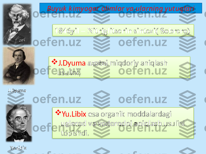 1846 yil  –  Nitriglitserin sintezi (  Sobrero )

J.Dyumа   azotni  miqdоriy aniqlаsh 
usulini ;  

Yu.Libiх  esа organik mоddаlаrdаgi 
uglеrоd vа vоdоrоdni aniqlаsh  usulini 
tоpishdi.J.Dyuma
Yu.Libix Buy uk  k imy ogar olimlar va ularning y ut uqlari    