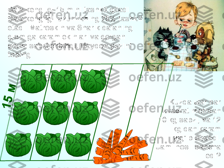 Dala kengligi 15 m ni tashkil qiladi
Dala kengligi  uzunlikning 75% tashkil 
etadi. Matroskin va Sharik dalaning
qismiga karam ekinlari va qolgan
qismi sabzi ekishdi. Maydon yuzini 
toping1
5
 
м
Kuzda ular har 
kvadrat metrdan 
10 kg sabzi, va 12 
kg dan karam 
yig'ib olishdi.
  Jami hosil qancha 
edi? 