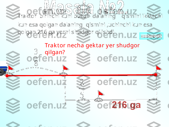 216  ga8
3Traktor  birinchi kuni butun  dalaning    qismini ikkinchi 
kun esa qolgan dalaning    qismini ,uchinchi kun esa 
qolgan 216 ga yerni shudgor qilishdi 	
5
2
Trak t or necha gek t ar y er shudgor 
qilgan? sxema  (3) 