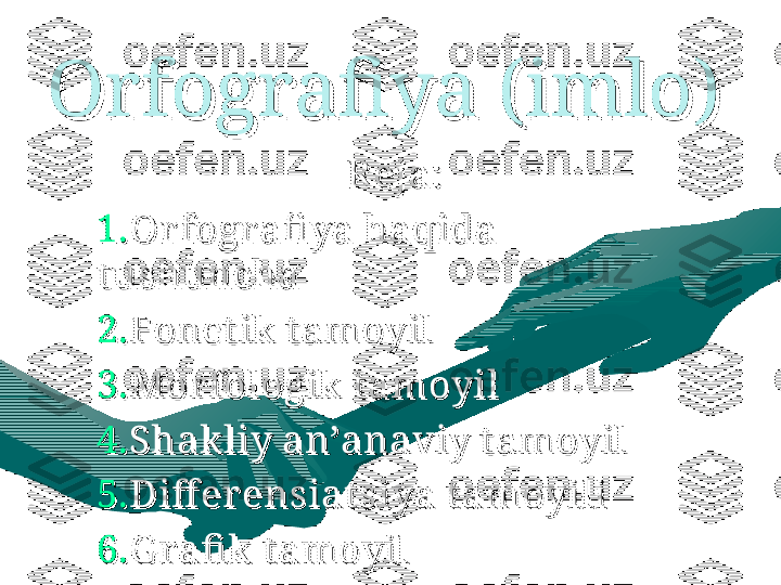 Orfografiya (imlo)Orfografiya (imlo)
Reja:Reja:
1.1.
Or fogr afi ya haqida Or fogr afi ya haqida 
tushunchatushuncha
2.2.
Fonet ik  t amoyilFonet ik  t amoyil
  
3.3.
Mor fologik  t amoyilMor fologik  t amoyil
4.4.
Shak liy an’anaviy tamoyilShak liy an’anaviy tamoyil
  
5.5.
Diff er ensiDiff er ensi
atsiatsi
ya tamoyiliya tamoyili
6.6.
G r afi k  t amoyilG r afi k  t amoyil 