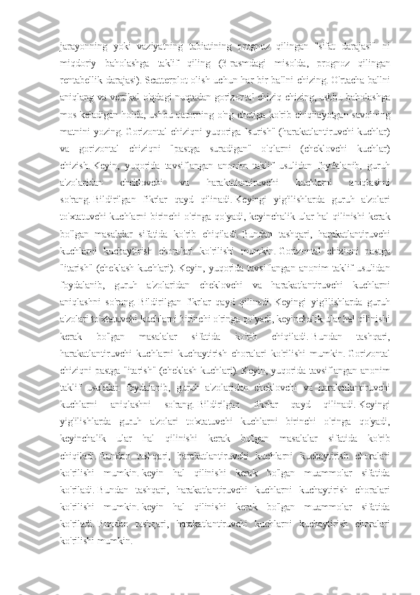 jarayonning yoki	 vaziyatning	 tabiatining	 prognoz	 qilingan	 "sifat	 darajasi"	 ni
miqdoriy	
 baholashga	 taklif	 qiling	 (3-rasmdagi	 misolda,	 prognoz	 qilingan
rentabellik	
 darajasi).   Scatterplot	 olish	 uchun	 har	 bir	 ballni	 chizing.   O'rtacha	 ballni
aniqlang	
 va	 vertikal	 o'qdagi	 nuqtadan	 gorizontal	 chiziq	 chizing,   ushbu	 baholashga
mos	
 keladigan	 holda,	 ushbu	 qatorning	 o'ng	 chetiga	 ko'rib	 chiqilayotgan	 savolning
matnini	
 yozing.   Gorizontal	 chiziqni	 yuqoriga	 "surish"	 (harakatlantiruvchi	 kuchlar)
va	
 gorizontal	 chiziqni	 "pastga	 suradigan"	 o'qlarni	 (cheklovchi	 kuchlar)
chizish.   Keyin,	
 yuqorida	 tavsiflangan	 anonim	 taklif	 usulidan	 foydalanib,	 guruh
a'zolaridan	
 	cheklovchi	 	va	 	harakatlantiruvchi	 	kuchlarni	 	aniqlashni
so'rang.   Bildirilgan	
 fikrlar	 qayd	 qilinadi.   Keyingi	 yig'ilishlarda	 guruh	 a'zolari
to'xtatuvchi	
 kuchlarni	 birinchi	 o'ringa	 qo'yadi,	 keyinchalik	 ular	 hal	 qilinishi	 kerak
bo'lgan	
 masalalar	 sifatida	 ko'rib	 chiqiladi.   Bundan	 tashqari,	 harakatlantiruvchi
kuchlarni	
 kuchaytirish	 choralari	 ko'rilishi	 mumkin.   Gorizontal	 chiziqni	 pastga
"itarish"	
 (cheklash	 kuchlari).   Keyin,	 yuqorida	 tavsiflangan	 anonim	 taklif	 usulidan
foydalanib,	
 guruh	 a'zolaridan	 cheklovchi	 va	 harakatlantiruvchi	 kuchlarni
aniqlashni	
 so'rang.   Bildirilgan	 fikrlar	 qayd	 qilinadi.   Keyingi	 yig'ilishlarda	 guruh
a'zolari	
 to'xtatuvchi	 kuchlarni	 birinchi	 o'ringa	 qo'yadi,	 keyinchalik	 ular	 hal	 qilinishi
kerak	
 	bo'lgan	 	masalalar	 	sifatida	 	ko'rib	 	chiqiladi.   Bundan	 	tashqari,
harakatlantiruvchi	
 kuchlarni	 kuchaytirish	 choralari	 ko'rilishi	 mumkin.   Gorizontal
chiziqni	
 pastga	 "itarish"	 (cheklash	 kuchlari).   Keyin,	 yuqorida	 tavsiflangan	 anonim
taklif	
 usulidan	 foydalanib,	 guruh	 a'zolaridan	 cheklovchi	 va	 harakatlantiruvchi
kuchlarni	
 	aniqlashni	 	so'rang.   Bildirilgan	 	fikrlar	 	qayd	 	qilinadi.   Keyingi
yig'ilishlarda	
 guruh	 a'zolari	 to'xtatuvchi	 kuchlarni	 birinchi	 o'ringa	 qo'yadi,
keyinchalik	
 ular	 hal	 qilinishi	 kerak	 bo'lgan	 masalalar	 sifatida	 ko'rib
chiqiladi.   Bundan	
 tashqari,	 harakatlantiruvchi	 kuchlarni	 kuchaytirish	 choralari
ko'rilishi	
 mumkin.   keyin	 hal	 qilinishi	 kerak	 bo'lgan	 muammolar	 sifatida
ko'riladi.   Bundan	
 tashqari,	 harakatlantiruvchi	 kuchlarni	 kuchaytirish	 choralari
ko'rilishi	
 mumkin.   keyin	 hal	 qilinishi	 kerak	 bo'lgan	 muammolar	 sifatida
ko'riladi.   Bundan	
 tashqari,	 harakatlantiruvchi	 kuchlarni	 kuchaytirish	 choralari
ko'rilishi	
 mumkin. 