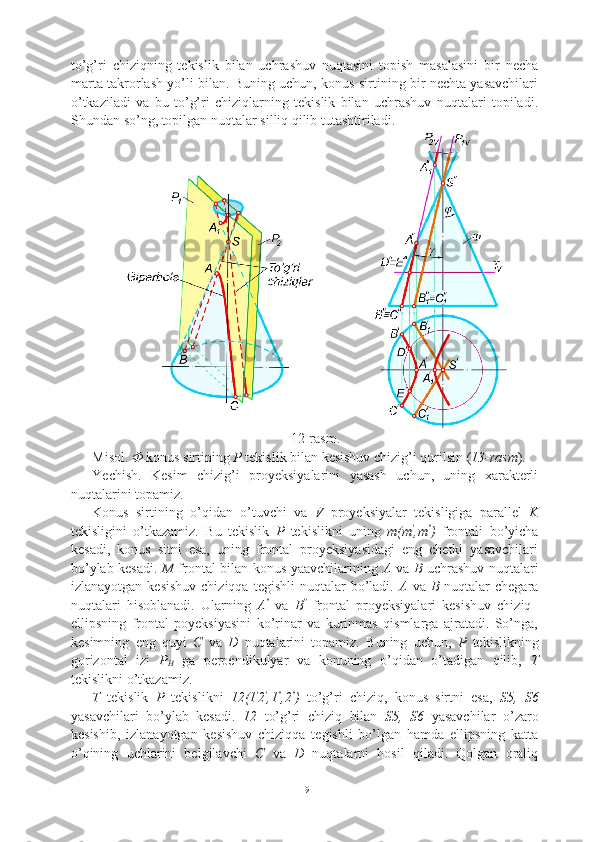 to’g’ri   chiziqning   tekislik   bilan   uchrashuv   nuqtasini   topish   masalasini   bir   necha
marta takrorlash yo’li bilan. Buning uchun, konus sirtining bir nechta yasavchilari
o’tkaziladi   va   bu   to’g’ri   chiziqlarning   tekislik   bilan   uchrashuv   nuqtalari   topiladi.
Sh undan  so’ng, topilgan nuqtalar silliq qilib tutashtiriladi.
1 2 -rasm.
Misol.  Φ  konus sirtining  P  tekislik bilan kesishuv chizig’i qurilsin ( 1 3 -rasm ) .  
Yechish.   Kesim   chizig’i   proyeksiyalarini   yasash   uchun,   uning   xarakterli
nuqtalarini topamiz.
Konus   sirtining   o’qidan   o’tuvchi   va   V   proyeksiyalar   tekisligiga   parallel   K
tekisligini   o’tkazamiz.   Bu   tekislik   P   tekislikni   uning   m(m ′
,m ′′
)   frontali   bo’yicha
kesadi,   konus   sitni   esa,   uning   frontal   proyeksiyasidagi   eng   chetki   yasavchilari
bo’ylab kesadi.   M   frontal bilan konus yaavchilarining   A   va   B   uchrashuv nuqtalari
izlanayotgan  kesishuv  chiziqqa  tegishli   nuqtalar  bo’ladi.   A   va   B   nuqtalar   chegara
nuqtalari   hisoblanadi.   Ularning   A ′′
  va   B ′′
  frontal   proyeksiyalari   kesishuv   chiziq–
ellipsning   frontal   poyeksiyasini   ko’rinar   va   kurinmas   qismlarga   ajratadi.   So’nga,
kesimning   eng   quyi   C   va   D   nuqtalarini   topamiz.   Buning   uchun,   P   tekislikning
gorizontal   izi   P
H   ga   perpendikulyar   va   konuning   o’qidan   o’tadigan   qilib,   T
tekislikni o’tkazamiz.
T   tekislik   P   tekislikni   12(1 ′
2 ′
,1 ′′
,2 ′′
)   to’g’ri   chiziq,   konus   sirtni   esa,   S5,   S6
yasavchilari   bo’ylab   kesadi.   12   to’g’ri   chiziq   bilan   S5,   S6   yasavchilar   o’zaro
kesishib,   izlanayotgan   kesishuv   chiziqqa   tegishli   bo’lgan   hamda   ellipsning   katta
o’qining   uchlarini   belgilavchi   C   va   D   nuqtalarni   hosil   qiladi.   Qolgan   oraliq
19 