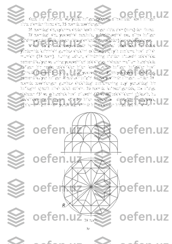 Katta   o‘qi   gorizontal   vaziyatda   bo‘lgan   aylanma   ellipsoiddan   kesib   olingan
oltita qismdan iborat sirt,  25 -rasmda tasvirlangan.  
26 -rasmdagi sirt, aylanma sirtdan kesib olingan oltita qism (pona) dan  iborat.
27 -rasmdagi   sirt,   yasovchisi   parabola,   yo‘naltiruvchisi   esa,   ellips   bo‘lgan
ko‘chma sirtdan kesib olingan oltita qismlardan (ponalardan) konstruksiyalangan.
Misol:   To‘g‘ri   doiraviy   silindr   hamda   vertikal   tekisliklar   bo‘laklari
yordamida ko‘rinishi gumbaz shaklini eslatuvchi ajoyib qoplama hosil qilish
mumkin   (28-rasm).   Buning   uchun,   silindrning   o‘qidan   o‘tuvchi   tekislikka
perpendikulyar  va uning yasavchilari  tekisligiga nisbatan ma’lum  burchakda
bo‘lgan   bir   necha   tekisliklar   bilan   kesib,   zarur   bo‘lgan   bo‘laklar   hosil
qilinadi   (29-rasm).   Ushbu   holda   yasovchilari   V   proyeksiyalar   tekisligiga
perpendikulyar bo’lgan  R  radiusli to’g’ri doiraviy silindr olingan. Undan 28-
rasmda   tasvirlangan   gumbaz   shaklidagi   qoplamaning   quyi   yarusidagi   bir
bo’lagini   ajratib   olish   talab   etilsin.   29-rasmda   ko’rsatilgandek,   Ox   o’qiga
nisbatan 45º va     burchak hosil  qiluvchi   AC   va   BC   tekisliklarni o’tkazib, bu
tekisliklarning   olingan   silindr   bilan   kesishuv   chizig’ini   aniqlasak,
qoplamaning birinchi yarusidagi silindr bo’laklaridan biriga ega bo’lamiz.
28-rasm.
27 