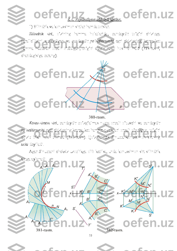8.1. Yoyiladigan chiziqli sirtlar.
1) Silindrik va konussimon sirtlar hamda torslar.
Silindrik   sirt ,   o’zining   hamma   holatlarida,   qandaydir   to’g’ri   chiziqga
parallelligini   saqlaydigan   va   qandaydir   yo’naltiruvchi   egri   chiziqning   ketma-ket
hamma   nuqtalari   orqali   o’tadigan,   to’g’ri   chiziq   bilan   hosil   qilinadi   (378-rasm,
chapdagisiga qarang).
Konussimon   sirt ,   qandaydir   qo’zg’almas   nuqta   orqali   o’tuvchi   va   qandaydir
yo’naltiruvchi   egri chiziqning ketma-ket hamma nuqtalari orqali o’tadigan, to’g’ri
chiziq   bilan   hosil   qilinadi   (380-rasm).   Qo’zg’almas   S   nuqta   konussimon   sirtning
uchi  deyiladi.
Agar   S   nuqtani cheksiz uzoqlikga olib ketilsa, unda konussimon sirt silindrik
sirtga aylanadi.
35 