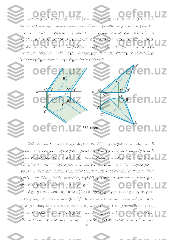 Umumiy   ko’rsatmalarga   binoan   (shu   paragrafning   boshiga   qarang)   silindrik
va konus sirtlardagi nuqtalar, ular orqali o’tuvchi yasovchilar yordamida yasalishi
mumkin.   Ba’zi   masalalarning   berilish   hollarida,   izlanayotgan   elementning
ko’rinadigan   yoki   ko’rinmaydigan   ekanligini   ko’rsatish   kerak   bo’ladi.   Bunday
ko’rsatma   ba’zan,   tegishli   proyeksiyani   qavs   ichiga   olish   yo’li   bilan   amalga
oshiriladi.   Masalan,   ( E″ )   belgi,   izlanayotgan   E   nuqta   sirtning   V   tekislikdagi
ko’rinmaydigan qismida joylashgan deb hisoblanadi.
383-rasmda,   silindrik   sirtga   tegishli   va   E″   proyeksiyasi   bilan   berilgan   E
nuqtaning   gorizontal   proyeksiyasini   yasash   ko’rsatilgan,   bunda   shart   bo’yicha,   E
nuqta   V   tekislikda   ko’rinmas   bo’lishi   kerak.   Xuddi   shu   rasmning   o’zida,   konus
sirtiga tegishli va  F′  proyeksiyasi bilan berilgan  E  nuqtaning frontal proyeksiyasini
yasash   ko’rsatilgan,   bunda   shart   bo’yicha,   F   nuqta   H   tekislikda   ko’rinar   bo’lishi
kerak.   Har   ikkala   holda   yasashlar,   tegishli   yasovchilar   yordamida   bajarilgan;
yasashlar yo’li strelkalar bilan ko’rsatilgan.
Agar yo’naltiruvchi egri chiziq (fazoda joylashgan yoki sirtning proyeksiyalar
tekisligidagi   izi   hisoblanuvchi),   to’g’ri   chiziqlar   qismlaridan   iborat   bo’lgan   ichki
chizilgan   siniq   chiziq   bilan   almashtirilsa,   unga,   silindrik   sirt   prizmatik   sirt   bilan,
konus   sirt   esa,   piramida   (ko’pyoqli   burchakning   yoqlari)   sirt   bilan   almashadi.
Ushbu   sirtlarning   orasidagi   bunday   bog’lanish,   kelgusi   yasashlarda   qo’llaniladi
37 