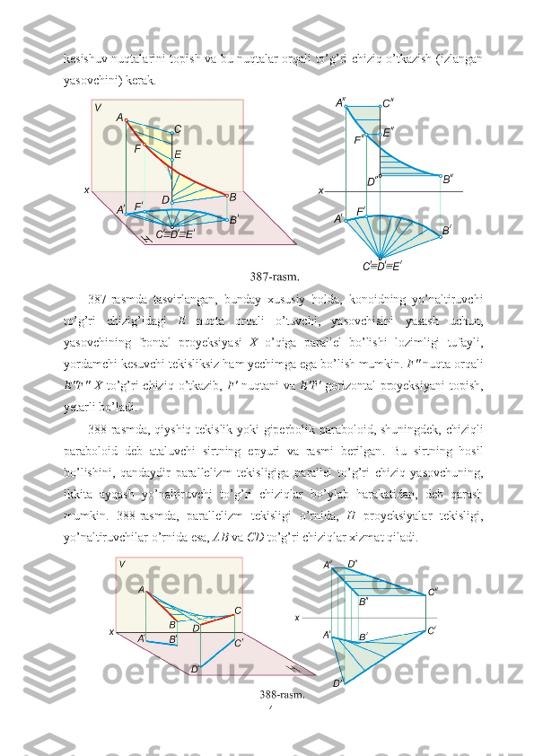 kesishuv nuqtalarini topish va bu nuqtalar orqali to’g’ri chiziq o’tkazish (izlangan
yasovchini) kerak.
387- rasmda   tasvirlangan ,   bunday   xususiy   holda ,   konoidning   yo ’ naltiruvchi
to ’ g ’ ri   chizig ’ idagi   E   nuqta   orqali   o ’ tuvchi ,   yasovchisini   yasash   uchun ,
yasovchining   frontal   proyeksiyasi   X   o ’ qiga   parallel   bo ’ lishi   lozimligi   tufayli ,
yordamchi   kesuvchi   tekisliksiz   ham   yechimga   ega   bo ’ lish   mumkin .  F ″  nuqta   orqali
E ″ F ″ || X   to ’ g ’ ri   chiziq   o ’ tkazib ,   F ′   nuqtani   va   E ′ F ′   gorizontal   proyeksiyani   topish ,
yetarli   bo ’ ladi .
388- rasmda ,   qiyshiq   tekislik   yoki   giperbolik   paraboloid ,   shuningdek ,   chiziqli
paraboloid   deb   ataluvchi   sirtning   epyuri   va   rasmi   berilgan .   Bu   sirtning   hosil
bo ’ lishini ,   qandaydir   parallelizm   tekisligiga   parallel   to ’ g ’ ri   chiziq   yasovchuning ,
ikkita   ayqash   yo ’ naltiruvchi   to ’ g ’ ri   chiziqlar   bo ’ ylab   harakatidan ,   deb   qarash
mumkin .   388- rasmda ,   parallelizm   tekisligi   o ’ rnida ,   H   proyeksiyalar   tekisligi ,
yo ’ naltiruvchilar   o ’ rnida   esa ,  AB   va   CD   to ’ g ’ ri   chiziqlar   xizmat   qiladi .
41 