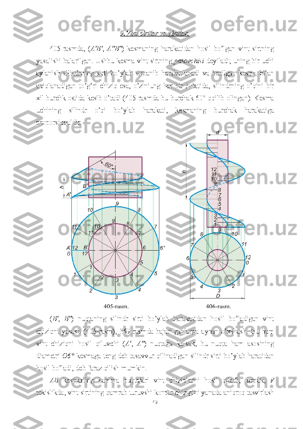 9.Vint sirtlar va vintlar.
405-rasmda,   ( A'B' ,   A"B" )   kesmaning   harakatidan   hosil   bo’lgan   vint   sirtning
yasalishi balarilgan. Ushbu kesma vint sirtning   yasovchisi   deyiladi; uning bir uchi
aylanish   silindrning   sirti   bo’ylab   sirpanib   harakatlanadi   va   berilgan   kesma   bilan
aniqlanadigan   to’g’ri   chiziq   esa,   o’ziniung   har   bir   holatida,   silindrning   o’qini   bir
xil burchk ostida kesib o’tadi (405-rasmda bu burchak 60° qqilib olingan). Kesma
uchining   silindr   o’qi   bo’ylab   harakati,   kesmaning   burchak   harakatiga
proporsionaldir.
( B' ,   B" )   nuqtaning   silindr   sirti   bo’ylab   harakatidan   hosil   bo’ladigan   vint
chiziqni   yasash   (405-rasm),   369-rasmda   bajarilganlarga   aynan   o’xshash.   Bu   ham
vint   chiziqni   hosil   qiluvchi   ( A' ,   A" )   nuqtaga   kelsak,   bu   nuqta   ham   asosining
diametri  O6*  kesmaga teng deb tasavvur qilinadigan silindr sirti bo’ylab haratidan
hosil bo’ladi, deb faraz qilish mumkin.
AB   kesmaning   hamma   nuqtalari   vint   chiziqlarni   hosil   qiladi ,   demak ,   V
tekislikda ,  vint   sirtining   qamrab   turuvshi   kontur   chizigini   yanada   aniqroq   tasvirlash
49 