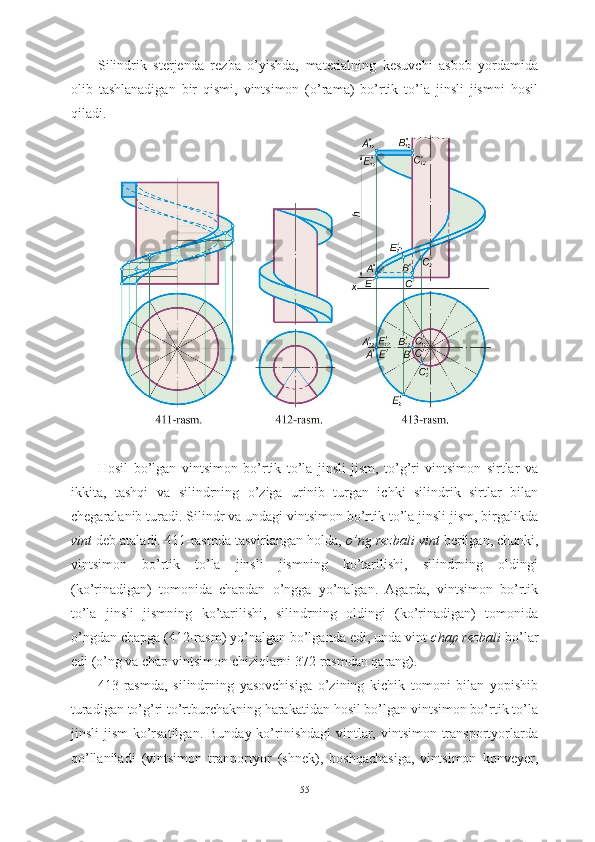 Silindrik   sterjenda   rezba   o’yishda,   materialning   kesuvchi   asbob   yordamida
olib   tashlanadigan   bir   qismi,   vintsimon   (o’rama)   bo’rtik   to’la   jinsli   jismni   hosil
qiladi.
Hosil   bo’lgan   vintsimon   bo’rtik   to’la   jinsli   jism,   to’g’ri   vintsimon   sirtlar   va
ikkita,   tashqi   va   silindrning   o’ziga   urinib   turgan   ichki   silindrik   sirtlar   bilan
chegaralanib turadi.  Silindr va undagi vintsimon bo’rtik to’la jinsli jism, birgalikda
vint  deb ataladi. 411-rasmda tasvirlangan holda,  o’ng rezbali vint  berilgan, chunki,
vintsimon   bo’rtik   to’la   jinsli   jismning   ko’tarilishi,   silindrning   oldingi
(ko’rinadigan)   tomonida   chapdan   o’ngga   yo’nalgan.   Agarda,   vintsimon   bo’rtik
to’la   jinsli   jismning   ko’tarilishi,   silindrning   oldingi   (ko’rinadigan)   tomonida
o’ngdan chapga (412-rasm) yo’nalgan bo’lganda edi, unda vint  chap rezbali  bo’lar
edi (o’ng va chap vintsimon chiziqlarni 372-rasmdan qarang).
413-rasmda,   silindrning   yasovchisiga   o’zining   kichik   tomoni   bilan   yopishib
turadigan to’g’ri to’rtburchakning harakatidan hosil bo’lgan vintsimon bo’rtik to’la
jinsli  jism  ko’rsatilgan.  Bunday  ko’rinishdagi  vintlar, vintsimon  transportyorlarda
qo’llaniladi   (vintsimon   tranportyor   (shnek),   boshqachasiga,   vintsimon   konveyer,
55 