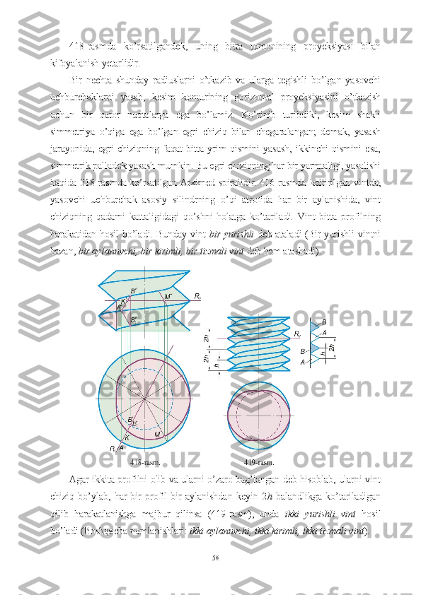 418-rasmda   ko’rsatilgandek,   uning   bitta   tomonining   proyeksiyasi   bilan
kifoyalanish yetarlidir.
Bir   nechta   shunday   radiuslarni   o’tkazib   va   ularga   tegishli   bo’lgan   yasovchi
uchburchaklarni   yasab,   kesim   konturining   gorizontal   proyeksiyasini   o’tkazish
uchun   bir   qator   nuqtalarga   ega   bo’lamiz.   Ko’rinib   turibdiki,   kesim   shakli
simmetriya   o’qiga   ega   bo’lgan   egri   chiziq   bilan   chegaralangan;   demak,   yasash
jarayonida,   egri   chiziqning   faqat   bitta   yrim   qismini   yasash,   ikkinchi   qismini   esa,
simmetrik palladek yasash mumkin. Bu egri chiziqning har bir yarmtaligi, yasalishi
haqida 218-rasmda ko’rsatilgan Arximed spiralidir. 416-rasmda keltirilgan vintda,
yasovchi   uchburchak   asosiy   silindrning   o’qi   atrofida   har   bir   aylanishida,   vint
chiziqning   qadami   kattaligidagi   qo’shni   holatga   ko’tariladi.   Vint   bitta   profilning
harakatidan hosil bo’ladi. Bunday vint   bir yurishli   deb ataladi (Bir yurishli  vintni
bazan,  bir aylanuvchi, bir kirimli, bir tizmali vint  deb ham atashadi).
Agar ikkita profilni olib va ularni o’zaro bag’langan deb hisoblab, ularni vint
chiziq   bo’ylab,   har   bir   profil   bir   aylanishdan   keyin   2 h   balandlikga   ko’tariladigan
qilib   harakatlanishga   majbur   qilinsa   (419-rasm),   unda   ikki   yurishli   vint   hosil
bo’ladi (Boshqacha nomlanishlari:  ikki aylanuvchi, ikki kirimli, ikki tizmali vint ).
58 