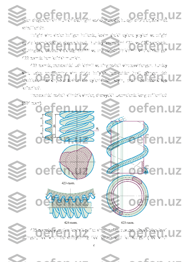 bilan chegaralanishi mumkin ekanligini sezish mumkin; bu egri chiziqlar, Arximed
spiralllaridir.
To’g’ri   vint   sirtlar   bo’lgan   hollarda,   kesim   shakli   aylana   yoylari   va   to’g’ri
chiziq   kesmalari   bilan   chegaralanadi.   Bunday   kesmalarni   420-   va   421-rasmlarda,
shuningdek,   kvadrat   shakldagi   profilli   va  ong   rezbali   bir   kirimli   vint   ko’rsatilgan
422-rasmda ham ko’rish mumkin.
423-rasmda, trapetsoidal uch kirimli va o’ng rezbali vint tasvirlangan. Bunday
vint,   uchta   profillarning   vint   chiziq   bo’ylab   harakatidan   hosil   qilingan   deb
hisoblash   mumkin,   bunda   har   bir   aylanishdan   keyin,   profil   3 h   balandlikga
ko’tariladi. 
Trapetsoidal rezbali silindrik vintlar, chervyakli uzatmalarda keng qo’llaniladi
(424-rasm).
425- rasmda ,   yumoloq   kesimli   po ’ lat   simni   po ’ lat   quvurga   o ’ rash   bilan   hosil
qilingan ,   ikki   vintli   transportyorning   ikki   kirimli   vinti   ko ’ rsatilgan   ( Ikki   vintli
61 