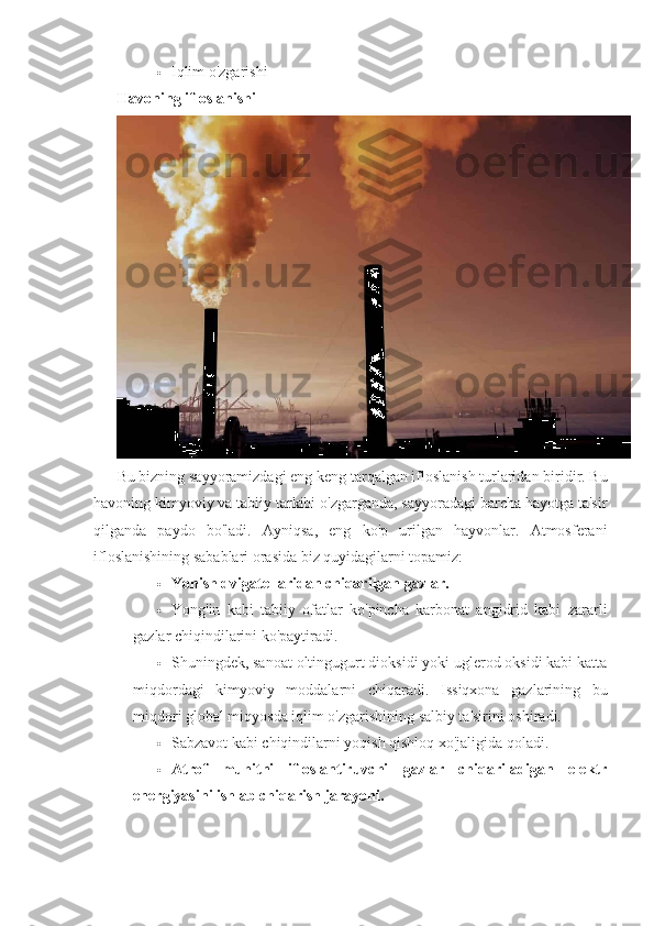  Iqlim o'zgarishi
Havoning ifloslanishi
Bu bizning sayyoramizdagi eng keng tarqalgan ifloslanish turlaridan biridir. Bu
havoning kimyoviy va tabiiy tarkibi o'zgarganda, sayyoradagi barcha hayotga ta'sir
qilganda   paydo   bo'ladi.   Ayniqsa,   eng   ko'p   urilgan   hayvonlar.   Atmosferani
ifloslanishining sabablari orasida biz quyidagilarni topamiz:
 Yonish dvigatellaridan chiqarilgan gazlar.
 Yong'in   kabi   tabiiy   ofatlar   ko'pincha   karbonat   angidrid   kabi   zararli
gazlar chiqindilarini ko'paytiradi.
 Shuningdek, sanoat oltingugurt dioksidi yoki uglerod oksidi kabi katta
miqdordagi   kimyoviy   moddalarni   chiqaradi.   Issiqxona   gazlarining   bu
miqdori global miqyosda iqlim o'zgarishining salbiy ta'sirini oshiradi.
 Sabzavot kabi chiqindilarni yoqish qishloq xo'jaligida qoladi.
 Atrof   muhitni   ifloslantiruvchi   gazlar   chiqariladigan   elektr
energiyasini ishlab chiqarish jarayoni. 