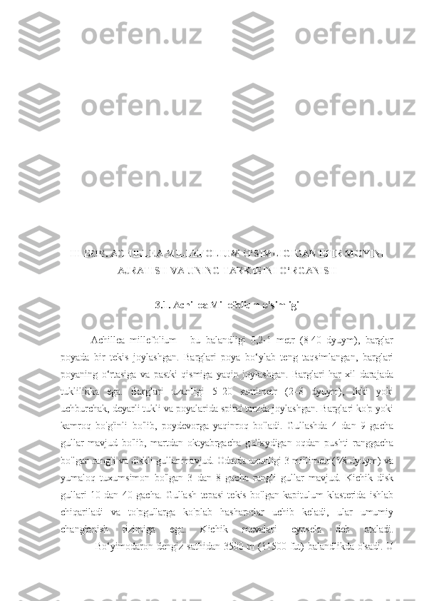 III BOB.  ACHILLEA MILLEFOLIUM   O‘SIMLIGIDAN  EFIR MOYINI 
AJRATISH VA UNING TARKIBINI O‘RGANISH
3.1.  Achillea Millefolium  o’simligi 
  Achillea   millefolium   -   bu   balandligi   0,2-1   metr   (8-40   dyuym),   barglar
poyada   bir   tekis   joylashgan.   Barglari   poya   bo‘ylab   teng   taqsimlangan,   barglari
poyaning   o‘rtasiga   va   pastki   qismiga   yaqin   joylashgan.   Barglari   har   xil   darajada
tuklilikka   ega.   Barglari   uzunligi   5–20   santimetr   (2–8   dyuym),   ikki   yoki
uchburchak, deyarli tukli va poyalarida spiral tarzda joylashgan. Barglari ko'p yoki
kamroq   bo'g'inli   bo'lib,   poydevorga   yaqinroq   bo'ladi.   Gullashda   4   dan   9   gacha
gullar   mavjud   bo'lib,   martdan   oktyabrgacha   gullaydigan   oqdan   pushti   ranggacha
bo'lgan rangli va diskli gullar mavjud. Odatda uzunligi 3 millimetr (1⁄8 dyuym) va
yumaloq   tuxumsimon   bo'lgan   3   dan   8   gacha   rangli   gullar   mavjud.   Kichik   disk
gullari   10   dan   40   gacha.   Gullash   tepasi   tekis   bo'lgan   kapitulum   klasterida   ishlab
chiqariladi   va   to'pgullarga   ko'plab   hasharotlar   uchib   keladi,   ular   umumiy
changlanish   tizimiga   ega.   Kichik   mevalari   cypsela   deb   ataladi.
                   Bo‘yimodaron dengiz sathidan 3500 m  (11500 fut) balandlikda o'sadi. U 