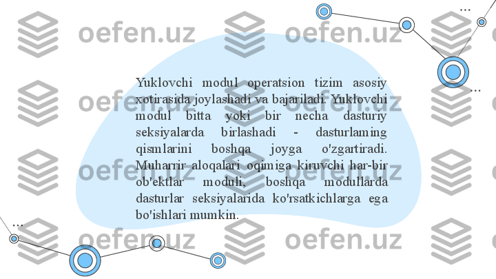 Yuklovchi  modul  operatsion  tizim  asosiy 
xotirasida joylashadi va bajariladi. Yuklovchi 
modul  bitta  yoki  bir  necha  dasturiy 
seksiyalarda  birlashadi  -  dasturlaming 
qismlarini  boshqa  joyga  o'zgartiradi. 
Muharrir  aloqalari  oqimiga  kiruvchi  har-bir 
ob'ektlar  moduli,  boshqa  modullarda 
dasturlar  seksiyalarida  ko'rsatkichlarga  ega 
bo'ishlari mumkin.  