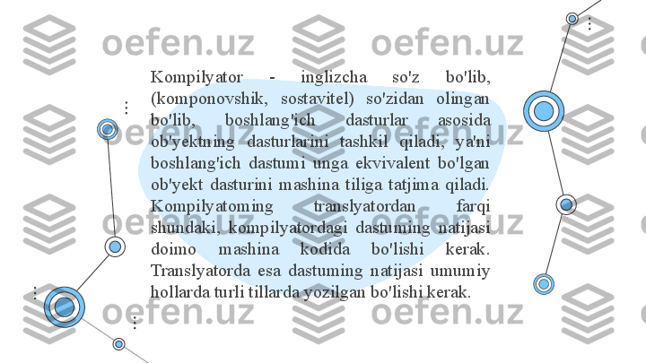 Kompilyator  -  inglizcha  so'z  bo'lib, 
(komponovshik,  sostavitel)  so'zidan  olingan 
bo'lib,  boshlang'ich  dasturlar  asosida 
ob'yektning  dasturlarini  tashkil  qiladi,  ya'ni 
boshlang'ich  dastumi  unga  ekvivalent  bo'lgan 
ob'yekt  dasturini  mashina  tiliga  tatjima  qiladi. 
Kompilyatoming  translyatordan  farqi 
shundaki,  kompilyatordagi  dastuming  natijasi 
doimo  mashina  kodida  bo'lishi  kerak. 
Translyatorda  esa  dastuming  natijasi  umumiy 
hollarda turli tillarda yozilgan bo'lishi kerak. 