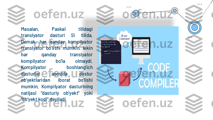 Masalan,  Paskal  tilidagi 
translyator  dasturi  Si  tilida. 
Demak,  har  qanday  kompilyator 
translyator  bo'lishi  mumkin,  lekin 
har  qanday  translyator 
kompilyator  bo'la  olmaydi. 
Kompilyator  boshlang'ich 
dasturlar  asosida  dastur 
ob'yektlaridan  iborat  bo'lishi 
mumkin.  Kompilyator  dasturining 
natijasi  "dasturiy  ob'yekt"  yoki 
"ob'yekt kodi" deyiladi.  