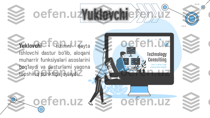 Yuk l ovchi  -  tizimni  qayta 
ishlovchi  dastur  bo'lib,  aloqa n i 
muharrir  funksiyalari  asoslarini 
bog'laydi  va  dasturlami  yagona 
topshiriq punktiga joylaydi. Yuklovchi 